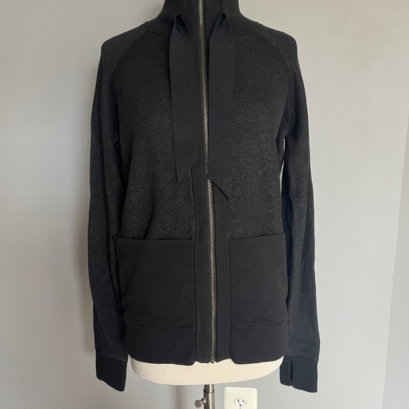 Lululemon Ribbon Detail‎ Full Zip Black Cotton Collared Popcorn Jacket Sweater - Picture 1 of 9